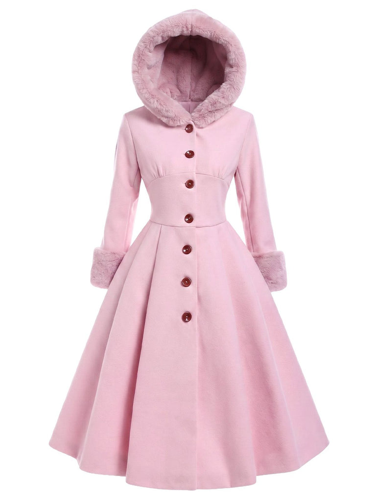 Pink 1950s Faux-Wool Hooded Button Coat
