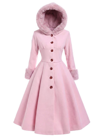 Pink 1950s Faux-Wool Hooded Button Coat