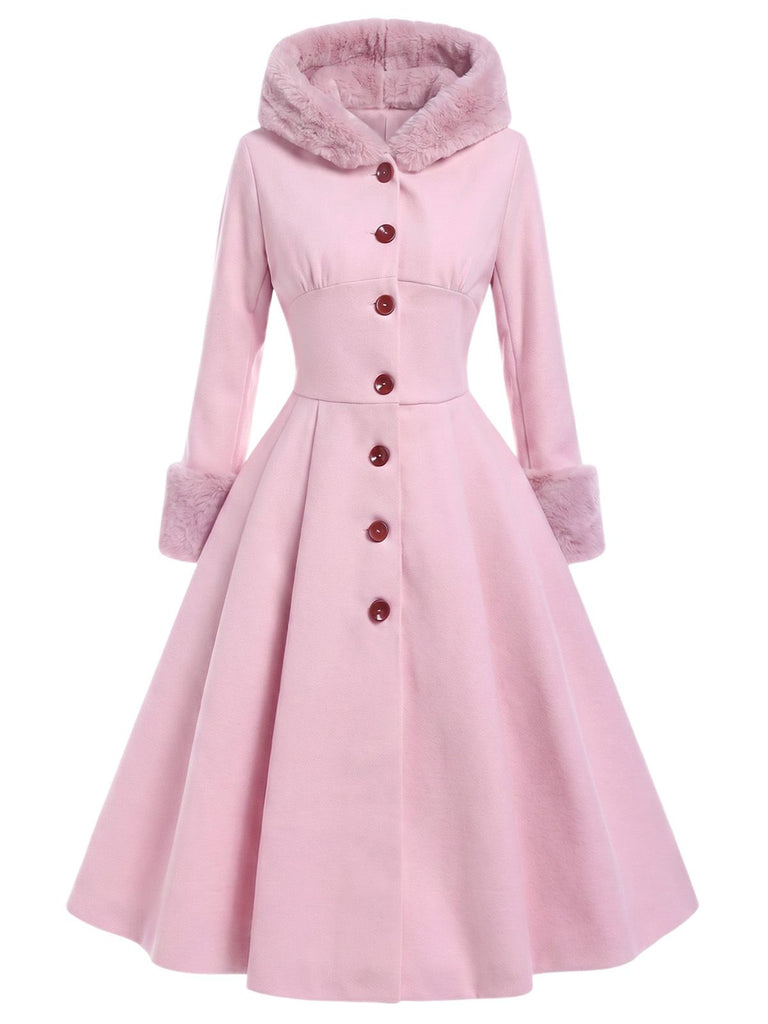 Pink 1950s Faux-Wool Hooded Button Coat