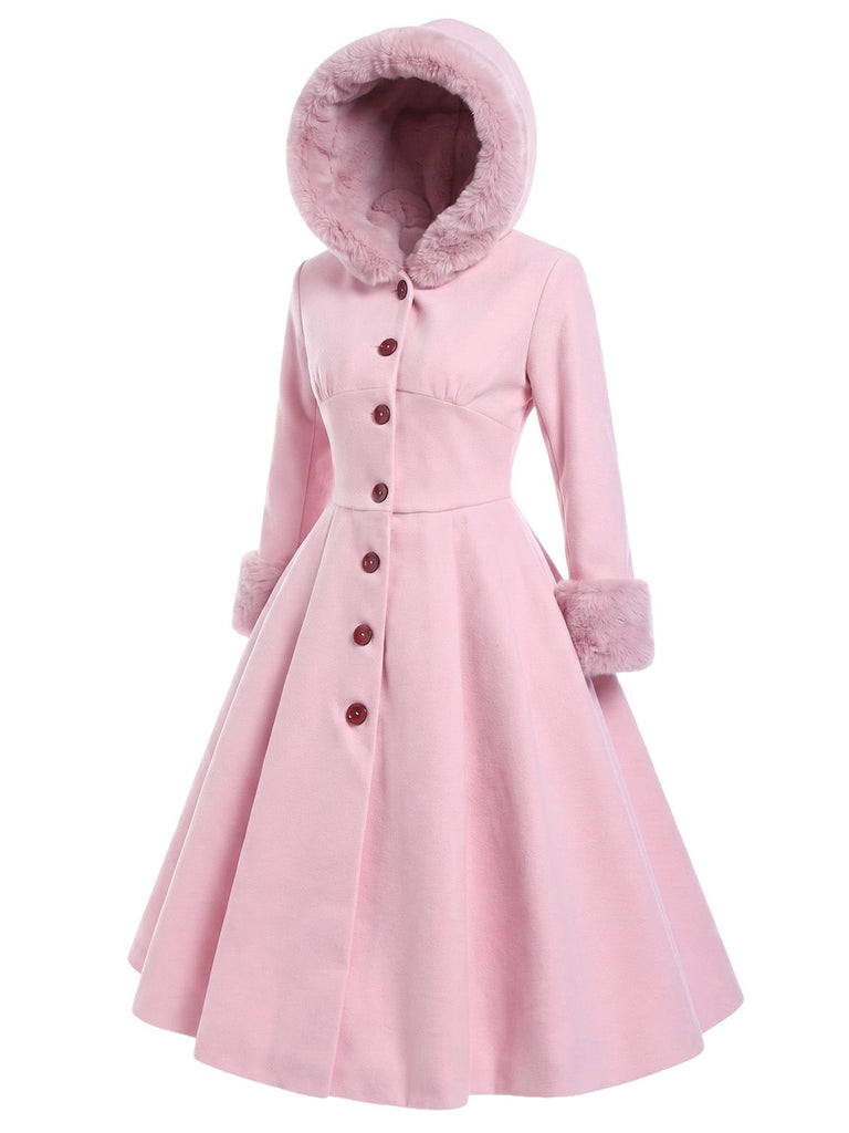 Pink 1950s Faux-Wool Hooded Button Coat