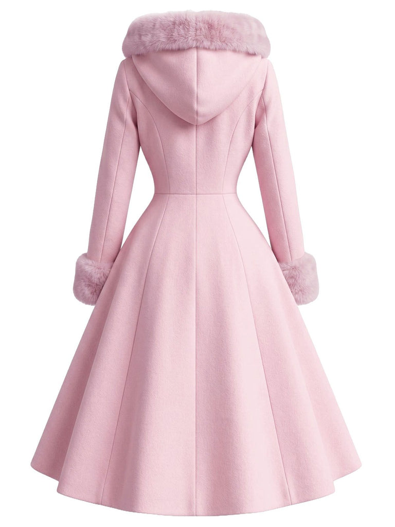 Pink 1950s Faux-Wool Hooded Button Coat