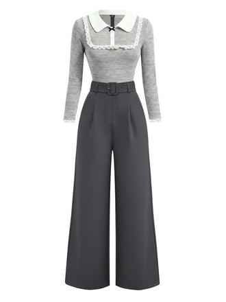 [Pre-Sale] Gray 1930s Knitted Patchwork Lace Belted Jumpsuit