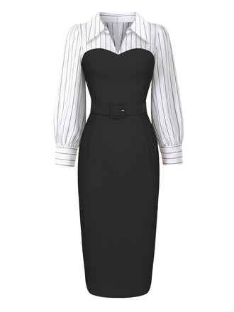 [Pre-Sale] Black 1960s Pinstripe Patchwork Lapel Bodycon Dress