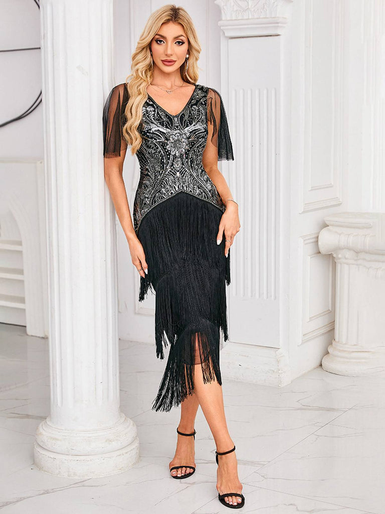 Silver 1920s Sequined Tassel Mesh Patchwork Dress