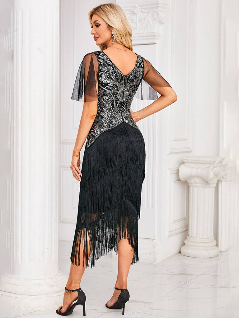 Silver 1920s Sequined Tassel Mesh Patchwork Dress