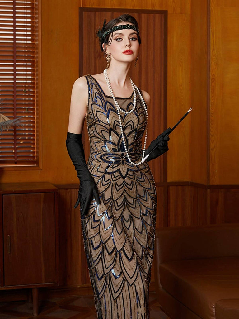 Black 1920s Floral Sequin Irregular Hem Dress