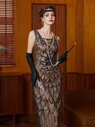 Black 1920s Floral Sequin Irregular Hem Dress