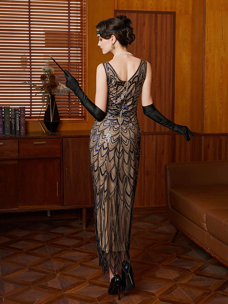 Black 1920s Floral Sequin Irregular Hem Dress