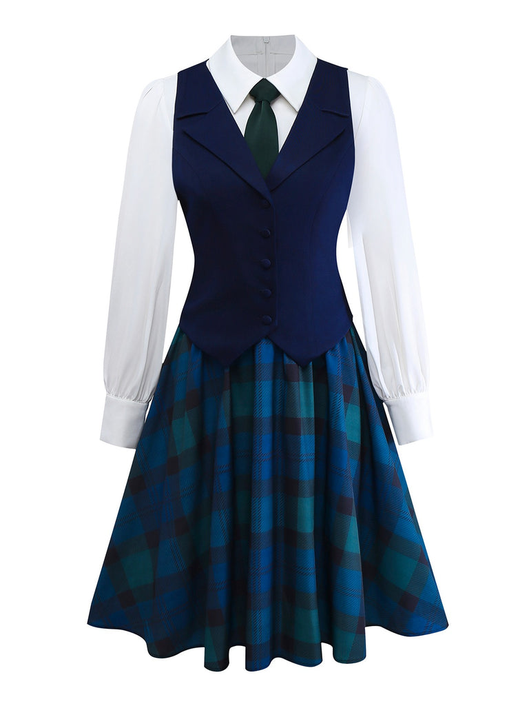 [Pre-Sale] 2PCS Dark Blue 1950s Lapel Vest & Plaid Dress
