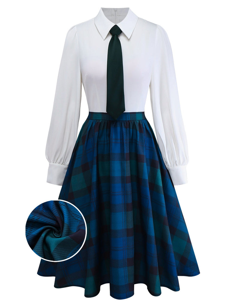 [Pre-Sale] Green 1950s Shirt Collar Gingham Plaid Patchwork Dress