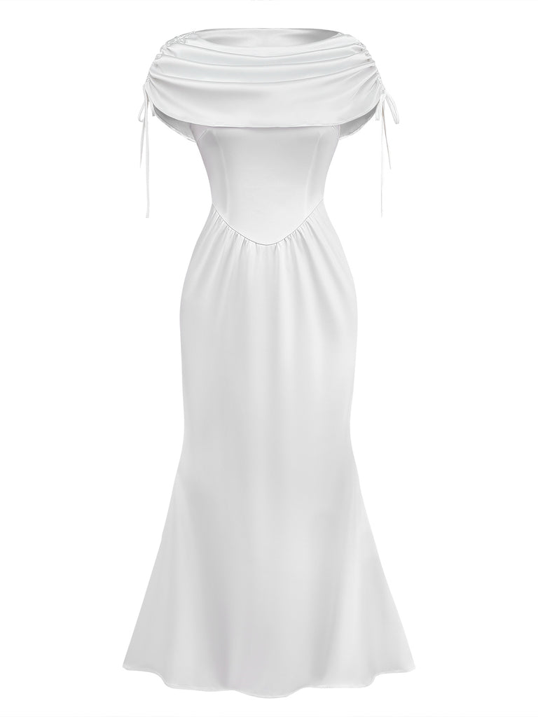 [Pre-Sale] White 1930s Satin Ruched Boat Neck Dress
