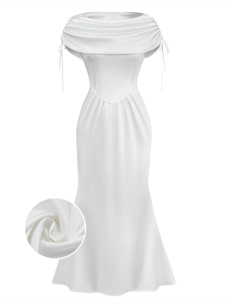 [Pre-Sale] White 1930s Satin Ruched Boat Neck Dress