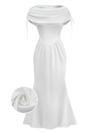 [Pre-Sale] White 1930s Satin Ruched Boat Neck Dress