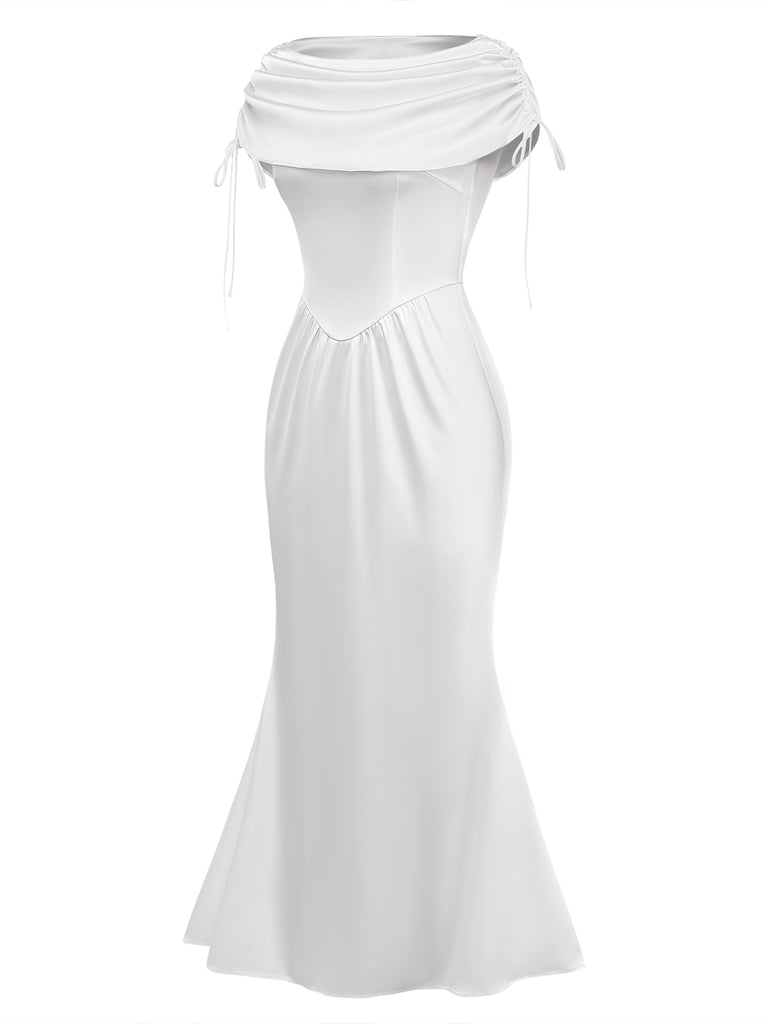 [Pre-Sale] White 1930s Satin Ruched Boat Neck Dress