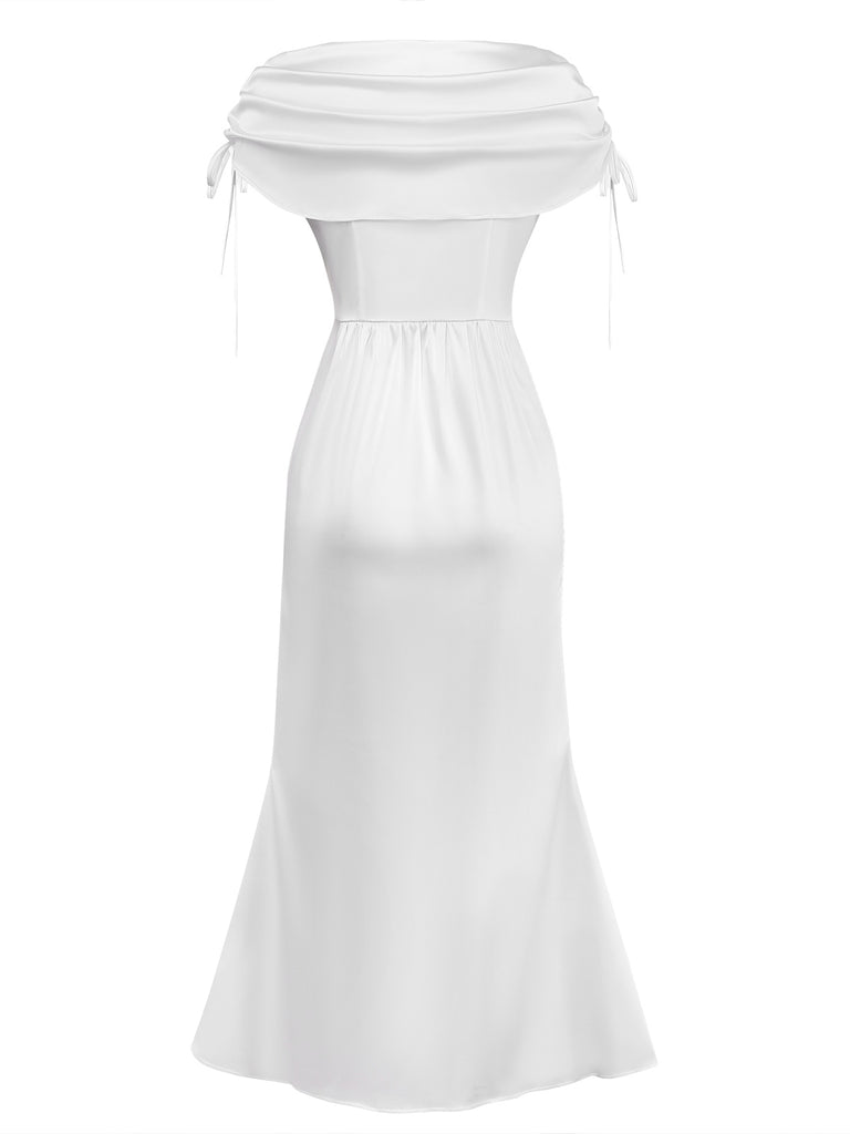 [Pre-Sale] White 1930s Satin Ruched Boat Neck Dress