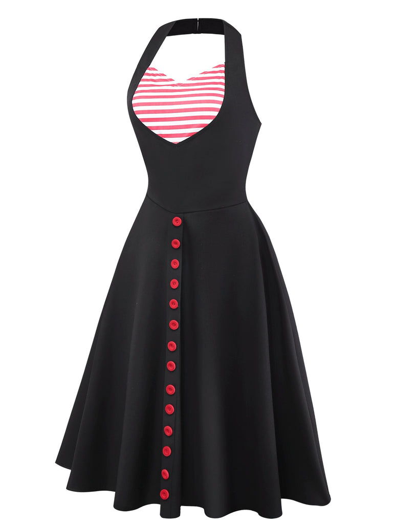 [Pre-Sale] Black & Red 1950s Sweetheart Stripe Knit Halter Dress