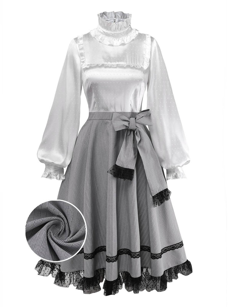 [Pre-Sale] Gray 1950s Satin Plaid Ruffle Stand Collar Dress