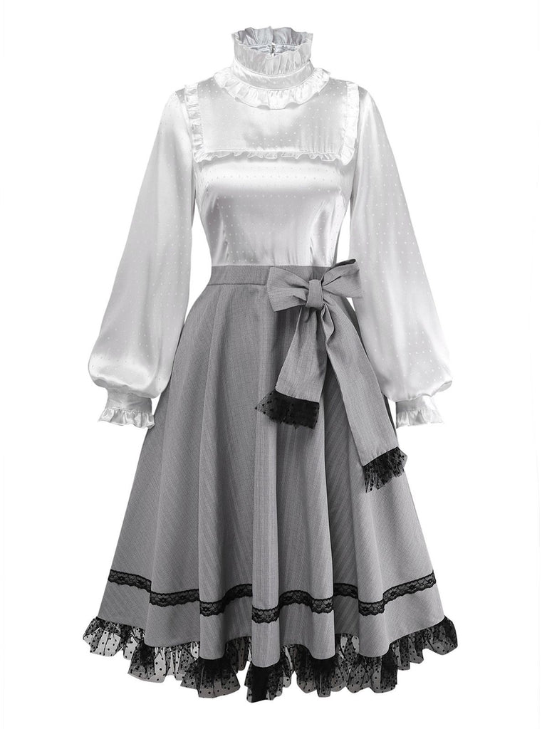 [Pre-Sale] Gray 1950s Satin Plaid Ruffle Stand Collar Dress