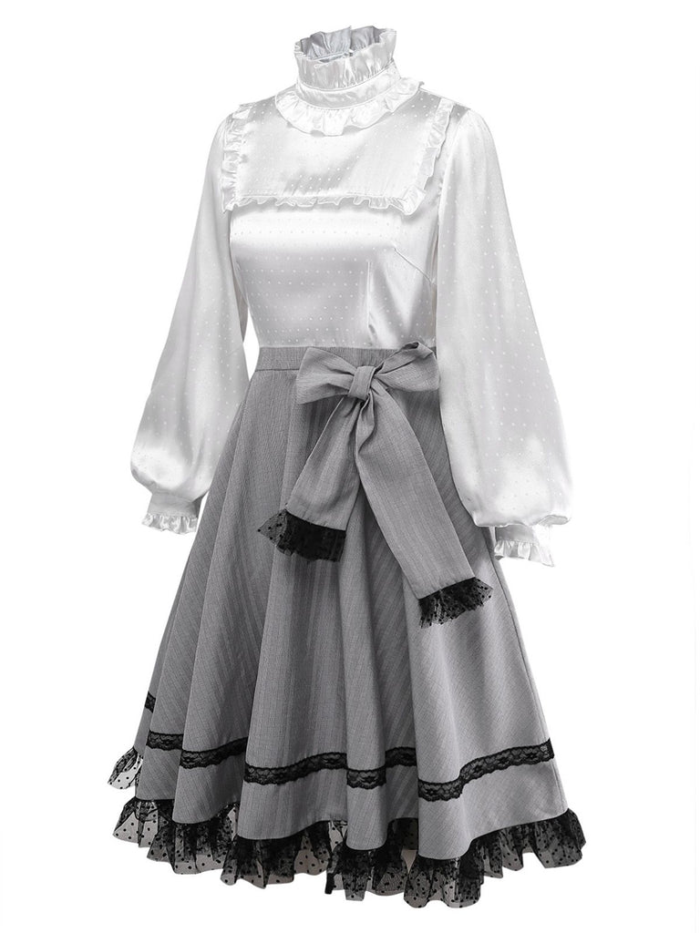 [Pre-Sale] Gray 1950s Satin Plaid Ruffle Stand Collar Dress