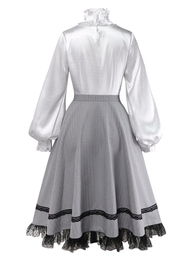 [Pre-Sale] Gray 1950s Satin Plaid Ruffle Stand Collar Dress