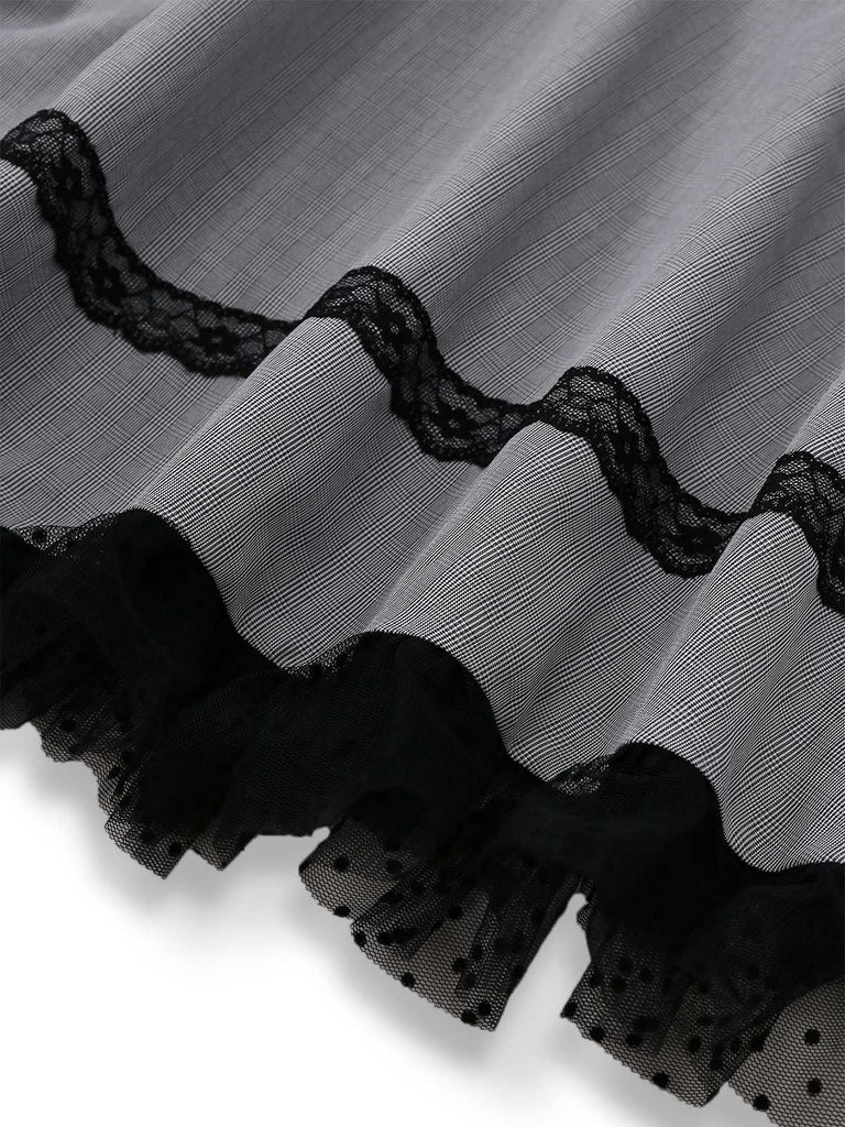 [Pre-Sale] Gray 1950s Satin Plaid Ruffle Stand Collar Dress