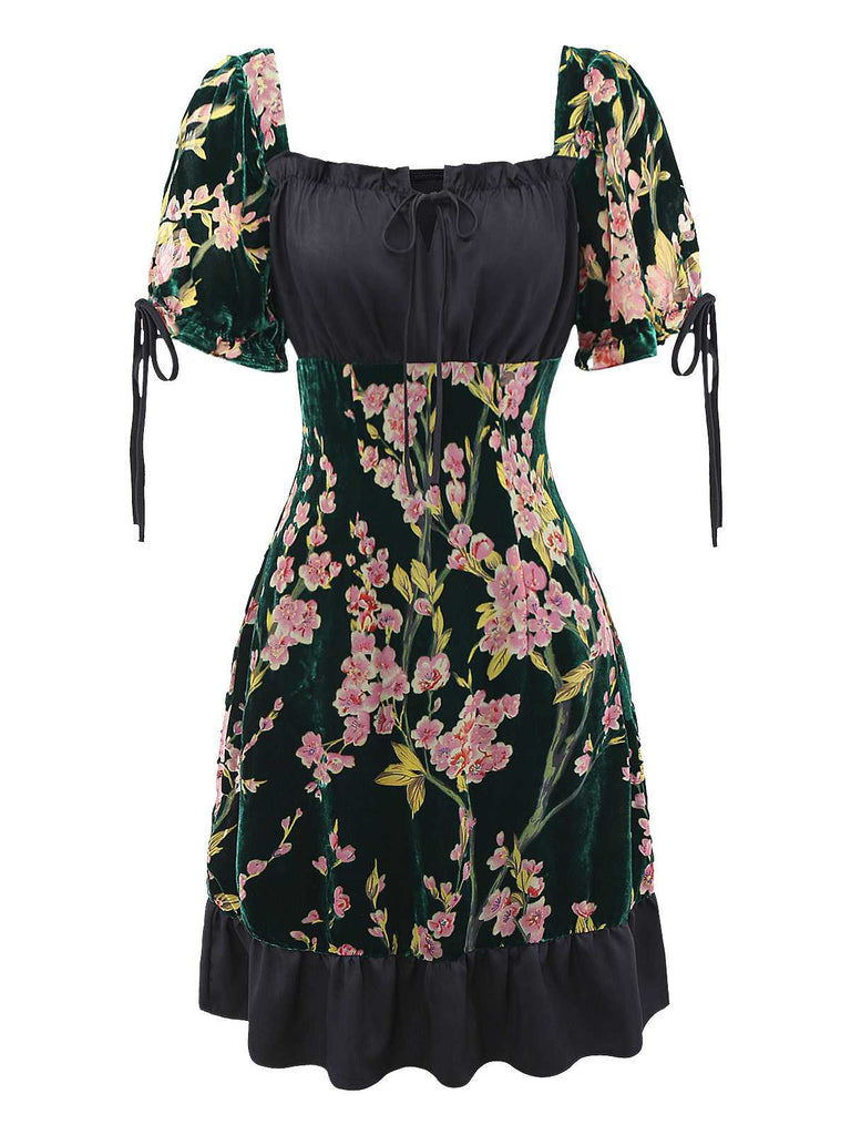 [Pre-Sale] 1960s Square Neck Ruffles Floral Velvet Dress