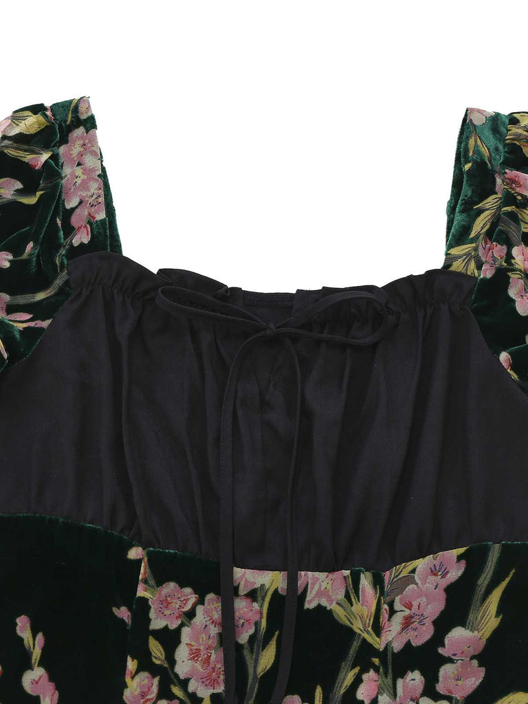 [Pre-Sale] 1960s Square Neck Ruffles Floral Velvet Dress