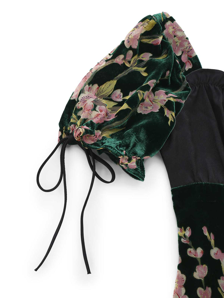 [Pre-Sale] 1960s Square Neck Ruffles Floral Velvet Dress