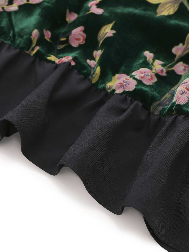 [Pre-Sale] 1960s Square Neck Ruffles Floral Velvet Dress