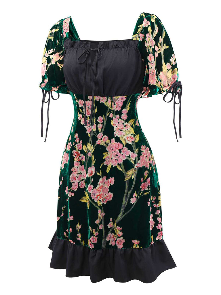 [Pre-Sale] 1960s Square Neck Ruffles Floral Velvet Dress