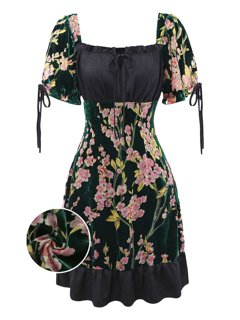 [Pre-Sale] 1960s Square Neck Ruffles Floral Velvet Dress