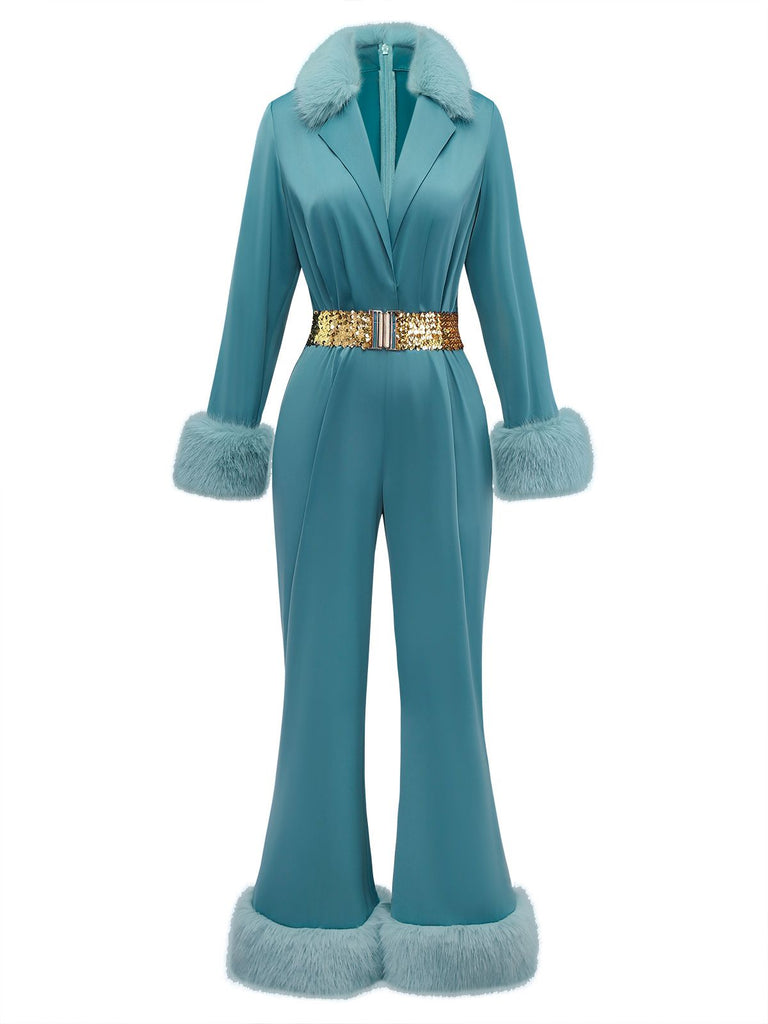 Blue 1970s Fur-Trim Lapel Sequin Belted Jumpsuit
