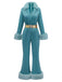 Blue 1970s Fur-Trim Lapel Sequin Belted Jumpsuit