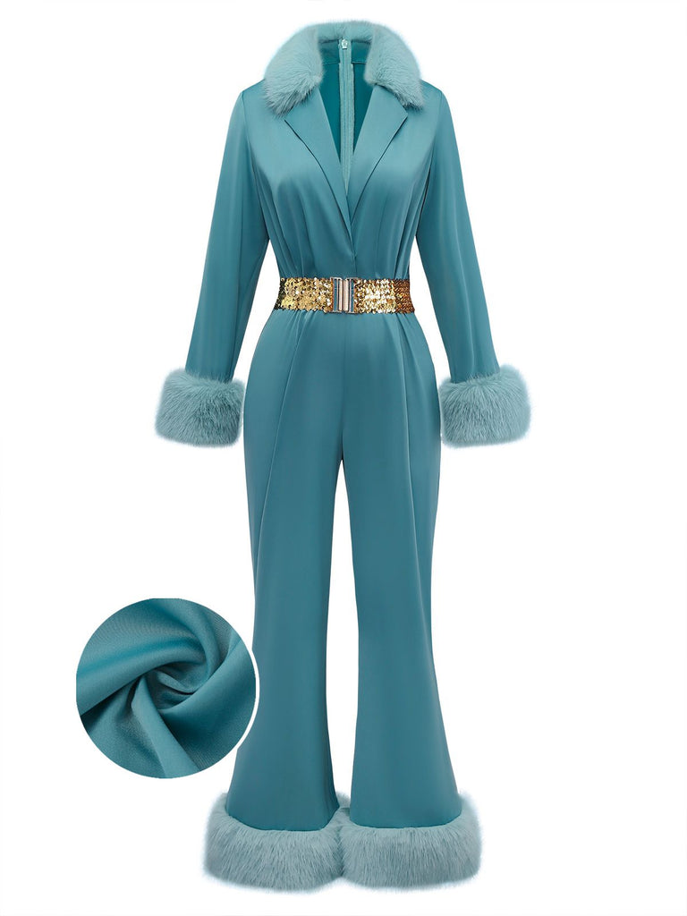 Blue 1970s Fur-Trim Lapel Sequin Belted Jumpsuit