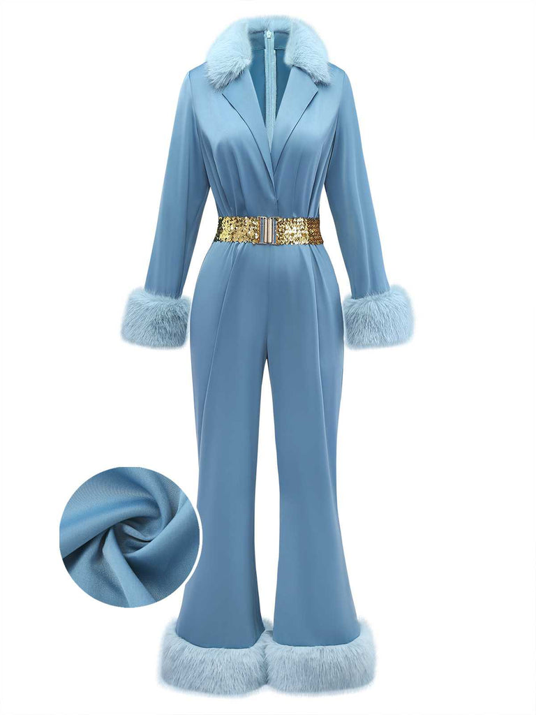 [Pre-Sale] Blue 1970s Fur-Trim Lapel Sequin Belted Jumpsuit