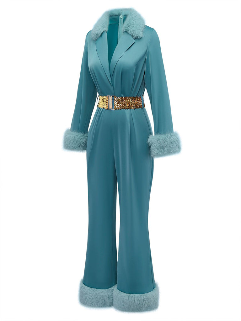 Blue 1970s Fur-Trim Lapel Sequin Belted Jumpsuit