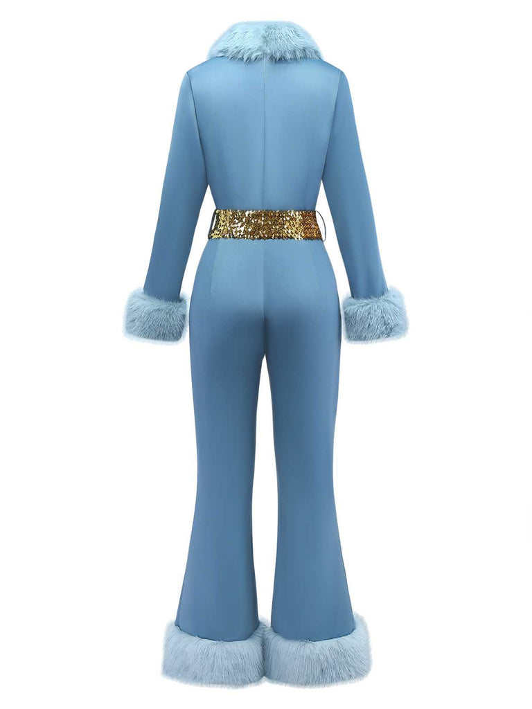 [Pre-Sale] Blue 1970s Fur-Trim Lapel Sequin Belted Jumpsuit