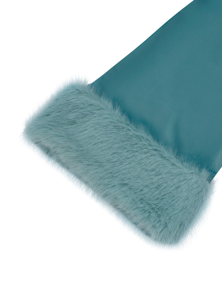 Blue 1970s Fur-Trim Lapel Sequin Belted Jumpsuit