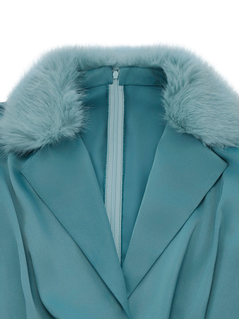 Blue 1970s Fur-Trim Lapel Sequin Belted Jumpsuit