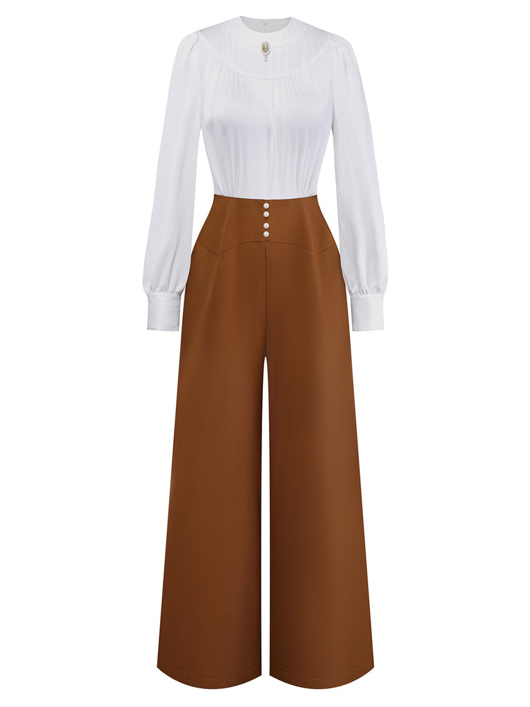 [Pre-Sale] Brown 1930s Ruched Brooch Royal Style Jumpsuit