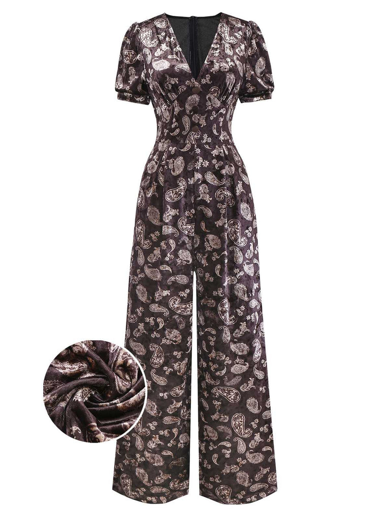 [Pre-Sale] Brown 1970s Paisley Velvet Puff Sleeve Jumpsuit
