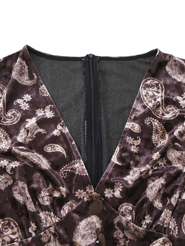 [Pre-Sale] Brown 1970s Paisley Velvet Puff Sleeve Jumpsuit
