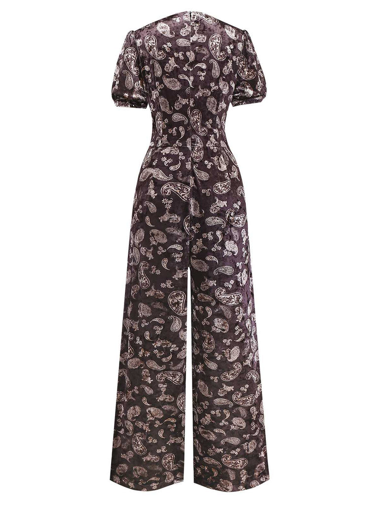 [Pre-Sale] Brown 1970s Paisley Velvet Puff Sleeve Jumpsuit