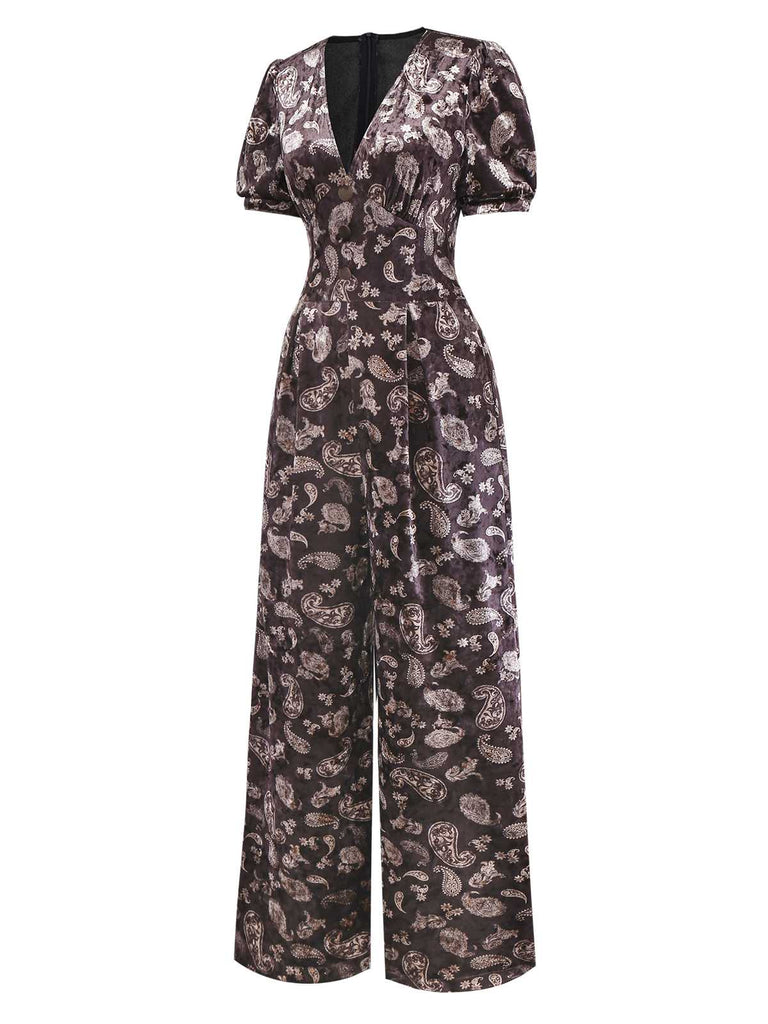 [Pre-Sale] Brown 1970s Paisley Velvet Puff Sleeve Jumpsuit