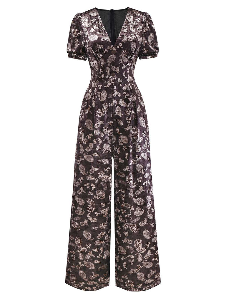 [Pre-Sale] Brown 1970s Paisley Velvet Puff Sleeve Jumpsuit