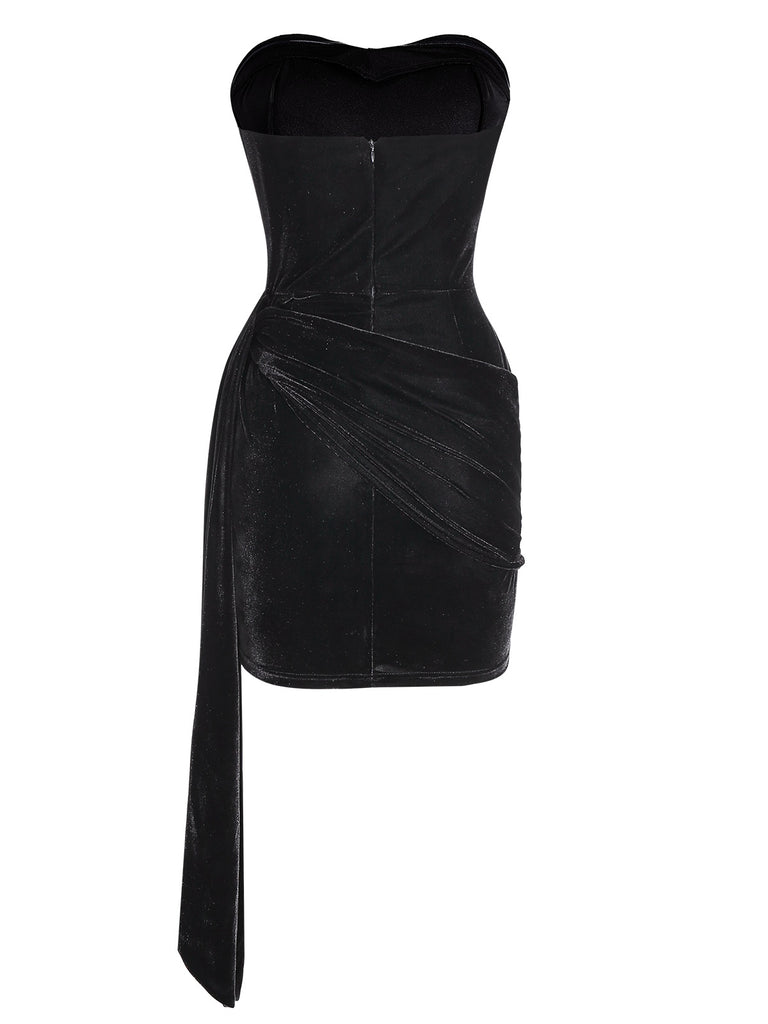 [Pre-Sale] Black 1960s Strapless Velvet Ruched Ribbon Tie Dress