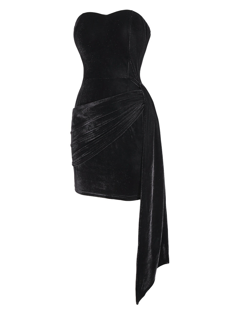 [Pre-Sale] Black 1960s Strapless Velvet Ruched Ribbon Tie Dress