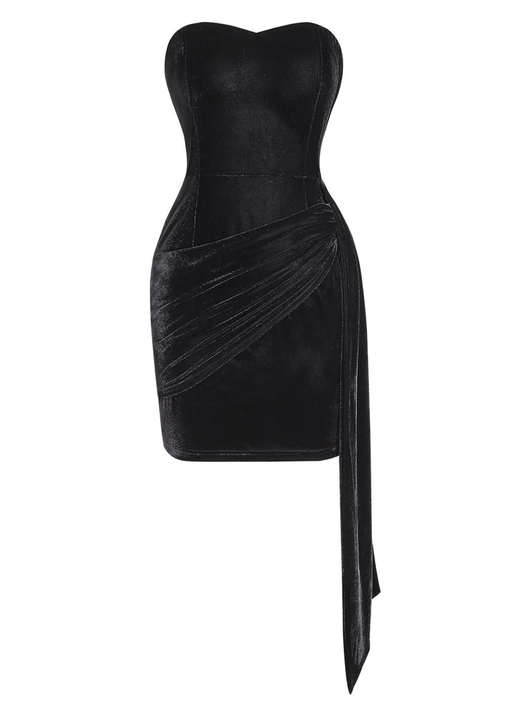 [Pre-Sale] Black 1960s Strapless Velvet Ruched Ribbon Tie Dress