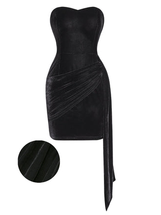[Pre-Sale] Black 1960s Strapless Velvet Ruched Ribbon Tie Dress