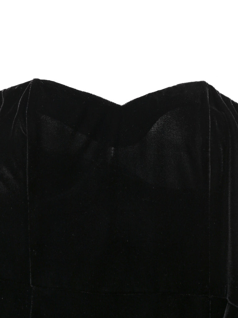 [Pre-Sale] Black 1960s Strapless Velvet Ruched Ribbon Tie Dress